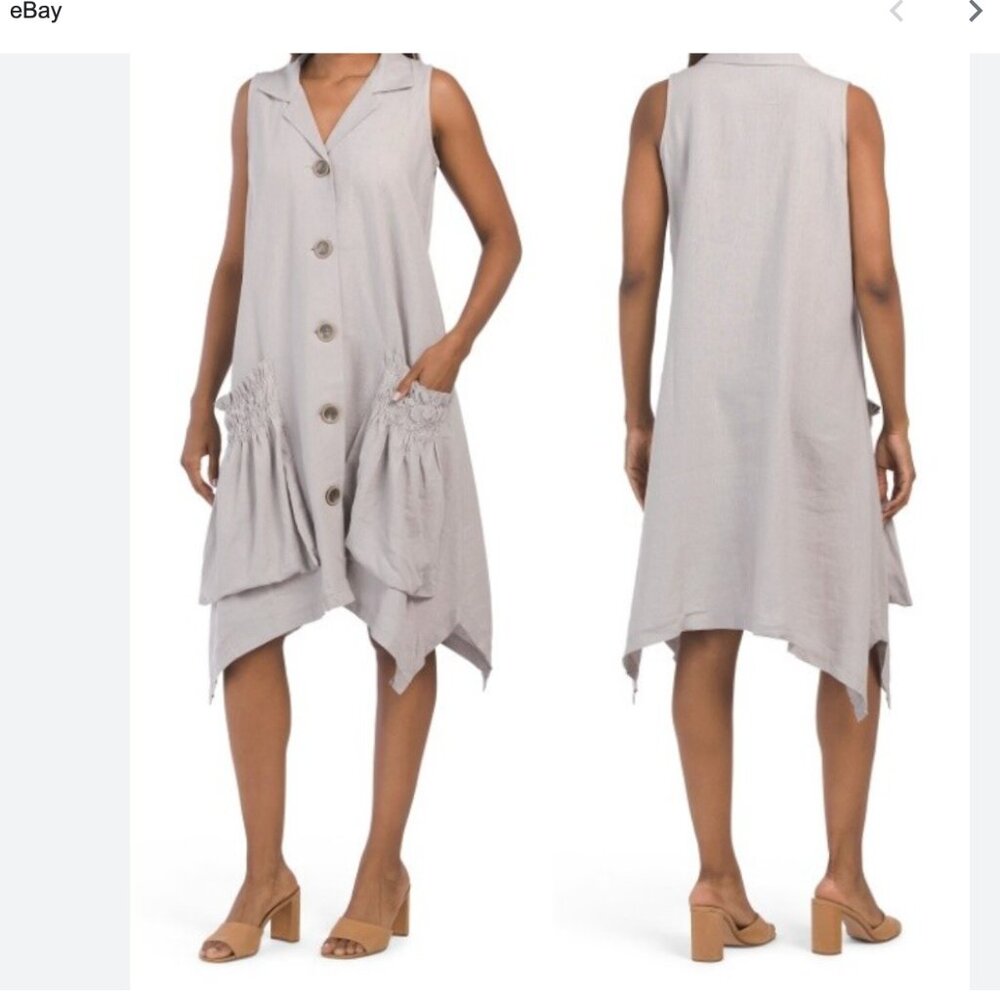 FOR CYNTHIA Linen Blend Button Front Pockets Sharkbite Hem Dress size Large